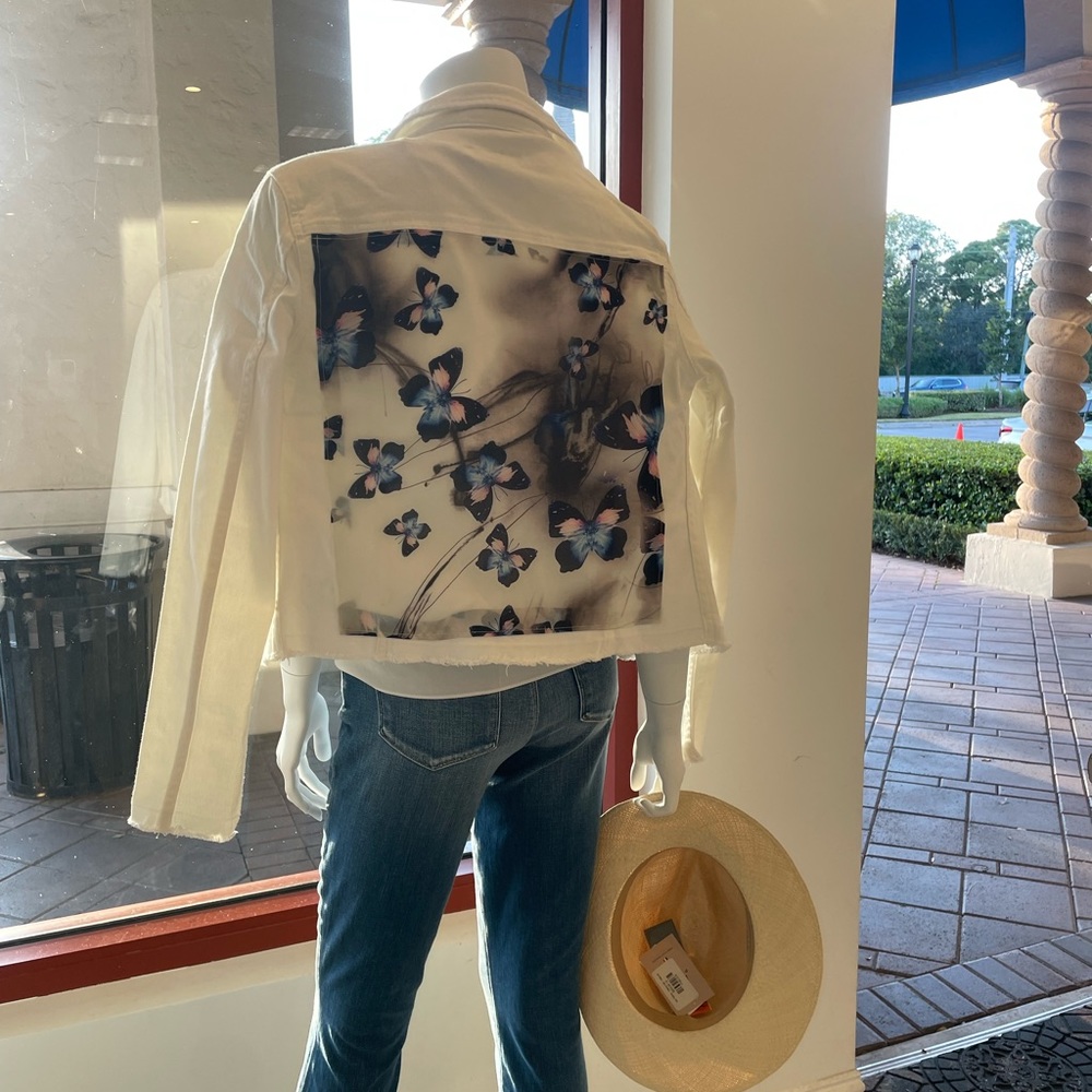 White Denim Jacket with Butterflies.